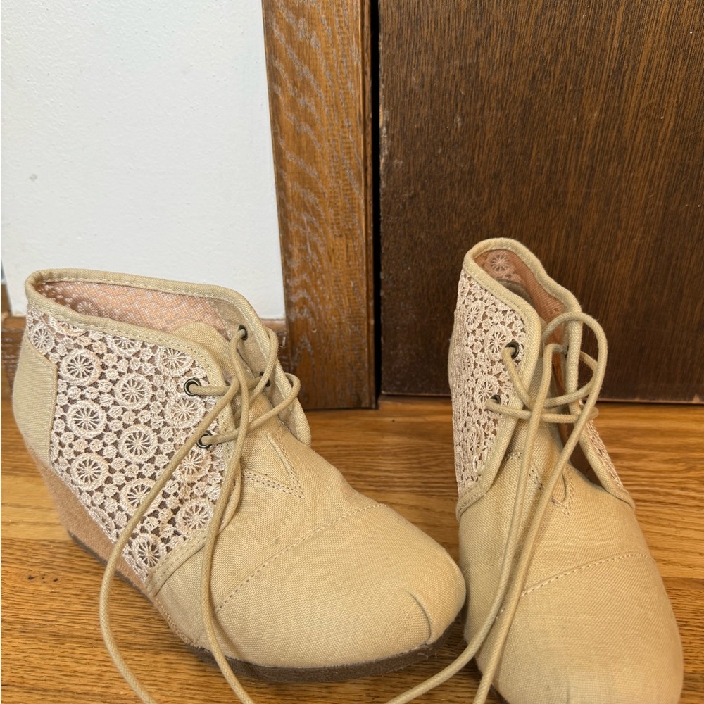 Cream lace up wedges